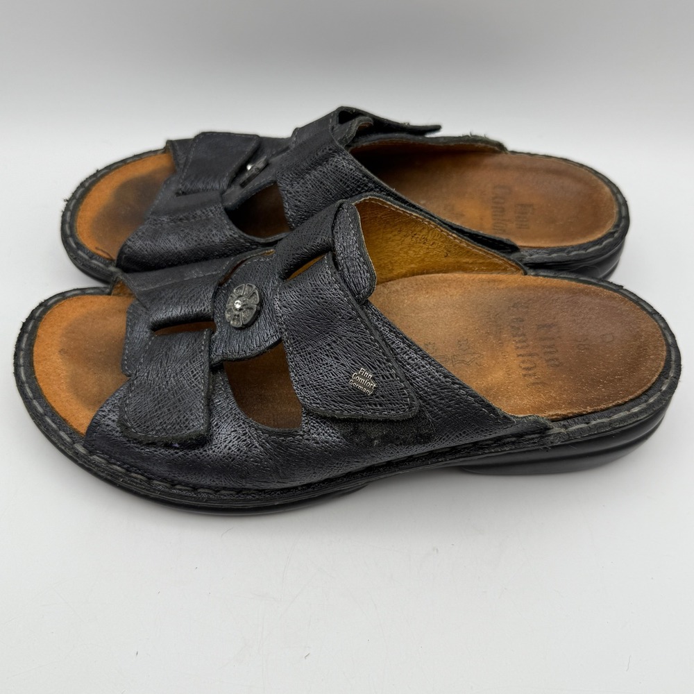 Finn Comfort Sandals Slides Comfort‎ Leather Adjustable Black Size 38 US 7.5-8